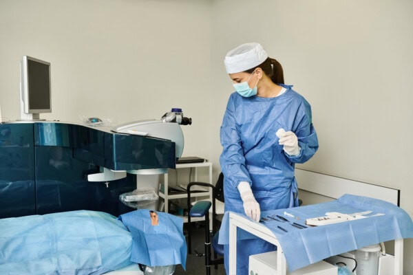 depositphotos 701184852 stock photo woman scrubs gloves stands hospital